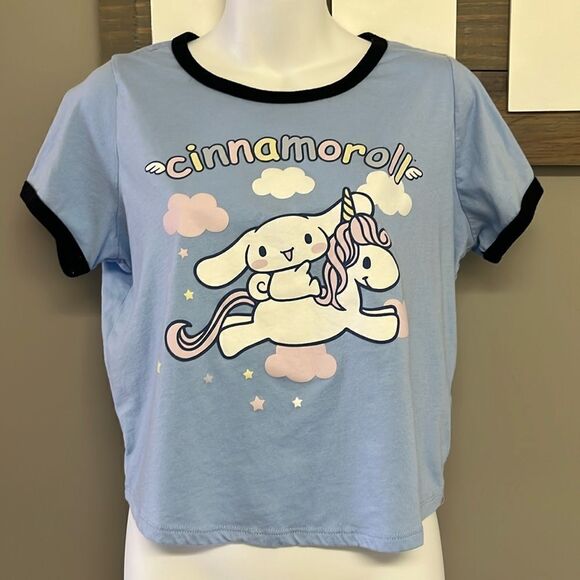 Cinnamoroll by Sanrio Periwinkle with Black Trim Cropped Cotton Blend T-shirt-00 - Picture 1 of 10